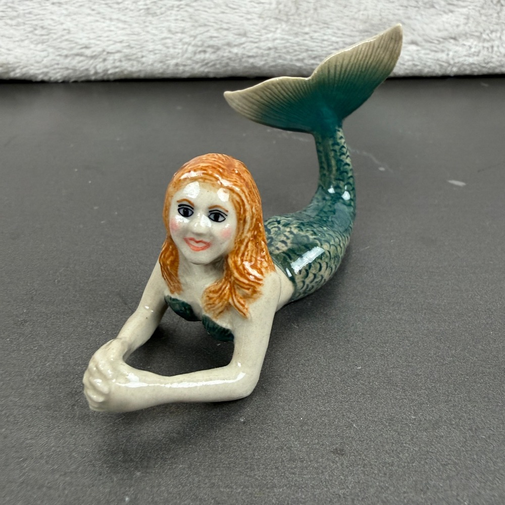 Vintage Hand Painted Ceramic Mermaid Figurine Teal Red Hair Artist Signed MR 4in